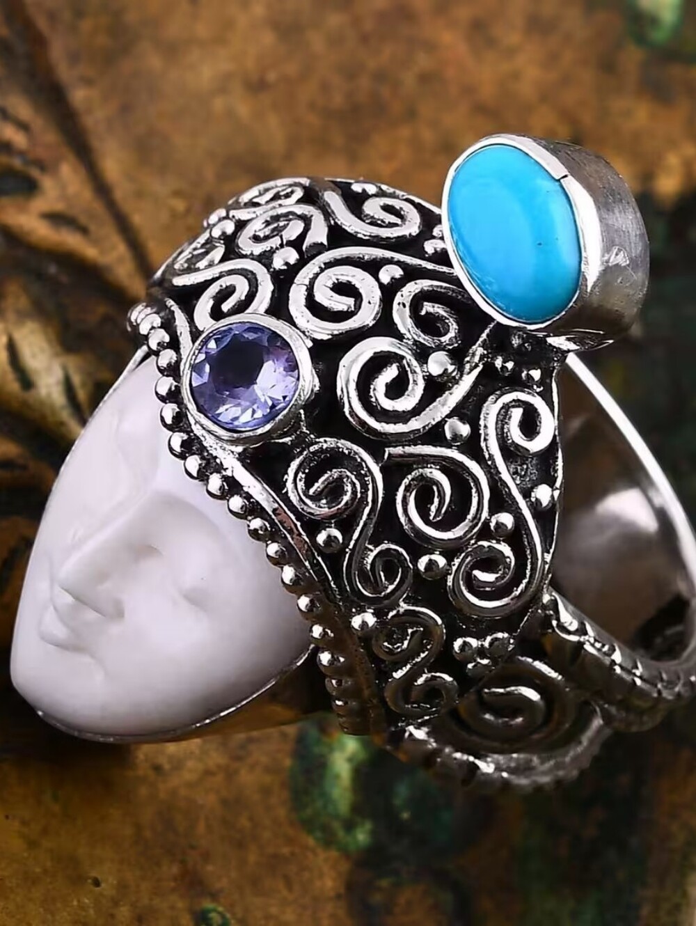 Sterling Silver Carved Bone Sleeping Beauty Turquoise & Tanzanite 1.00 ctw